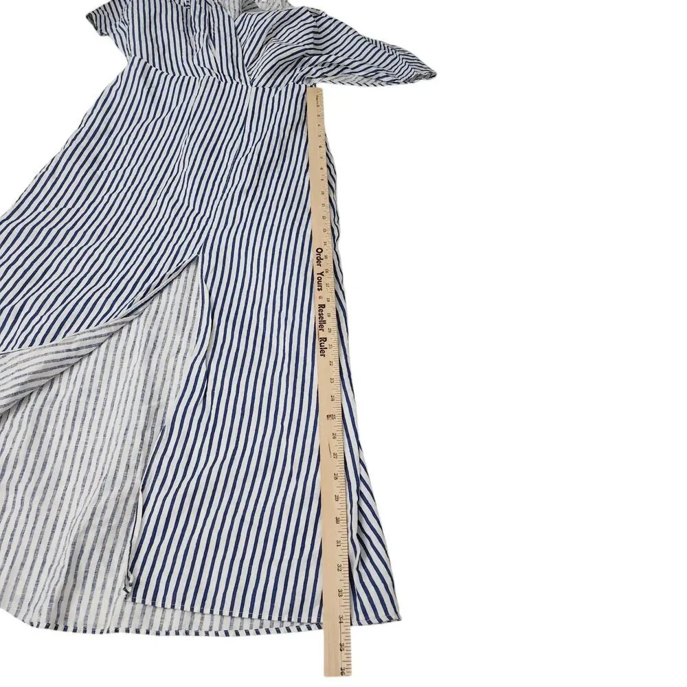 Zara Dress Small Blue White Striped Linen‎ Midi Side Slit Preppy Bloggers Fave